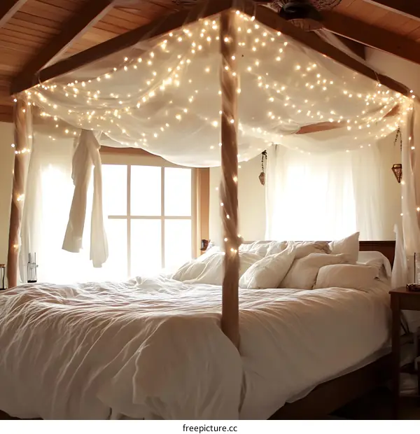 Romantic Bedroom With Canopy Bed And Fairy Lights