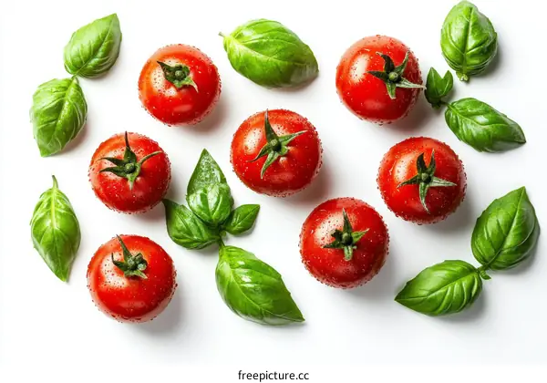 Fresh Tomatoes and Basil on a White Background