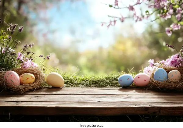 Easter eggs in a garden setting on a wooden surface