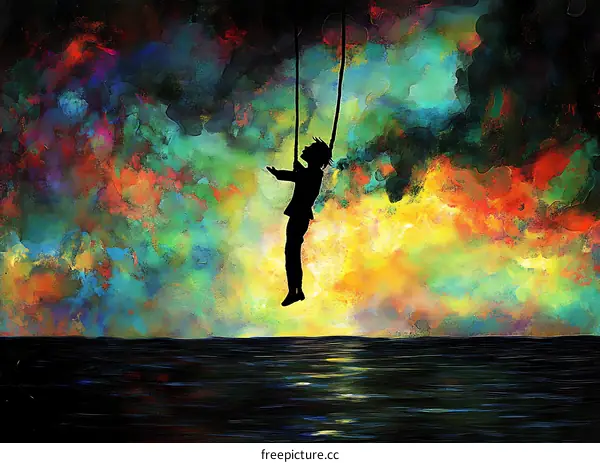 Silhouette of a Person on a Swing in the Sky