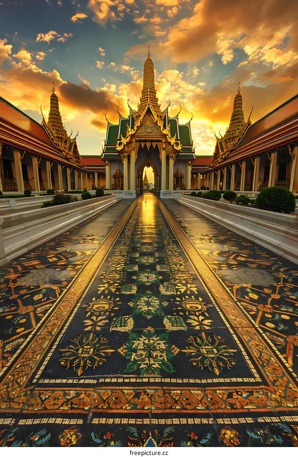 Golden Mosaic Pathway Leading to the Grand Entrance of a Thai Temple