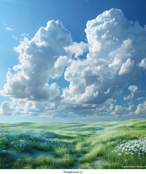 Vast Field Under a Sky of Fluffy Clouds