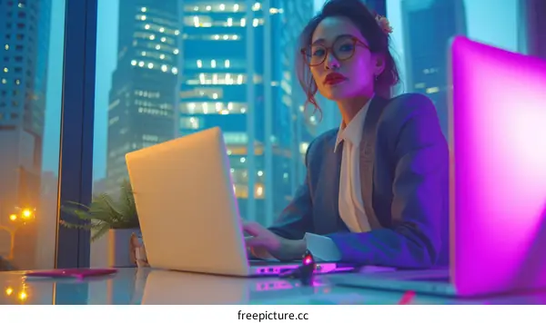 Ambitious Asian Businesswoman Working Late in Futuristic City Office