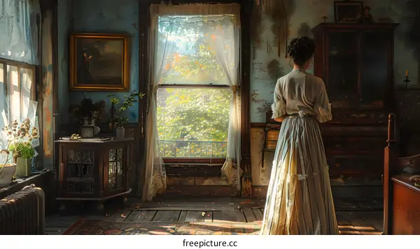Lady in historical clothing standing in a room with a large window
