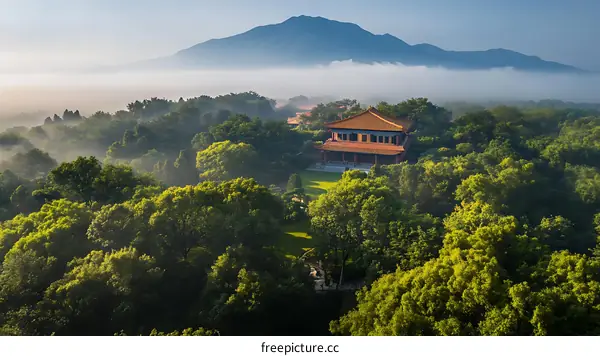 Majestic Temple Complex Nestled in Lush Green Mountains