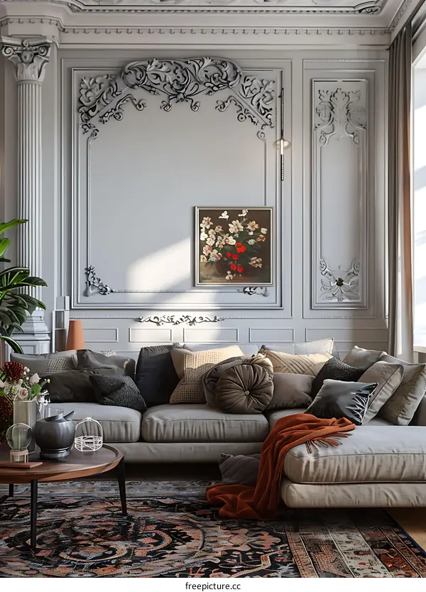 A painting of flowers is decorated on the living room sofa background wall