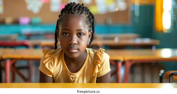 Portrait of a young African girl sitting in a classroom