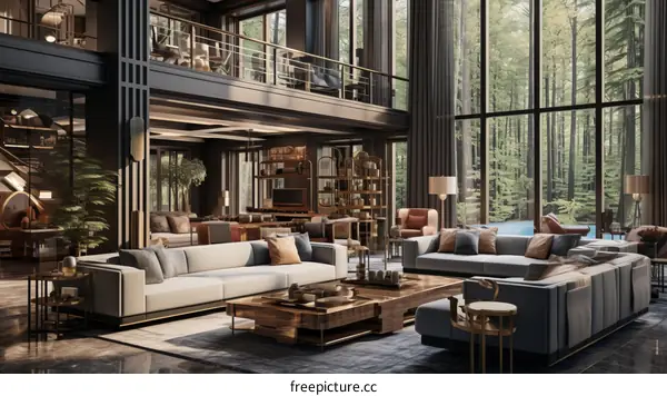 Modern luxury living room interior design with large windows and forest view