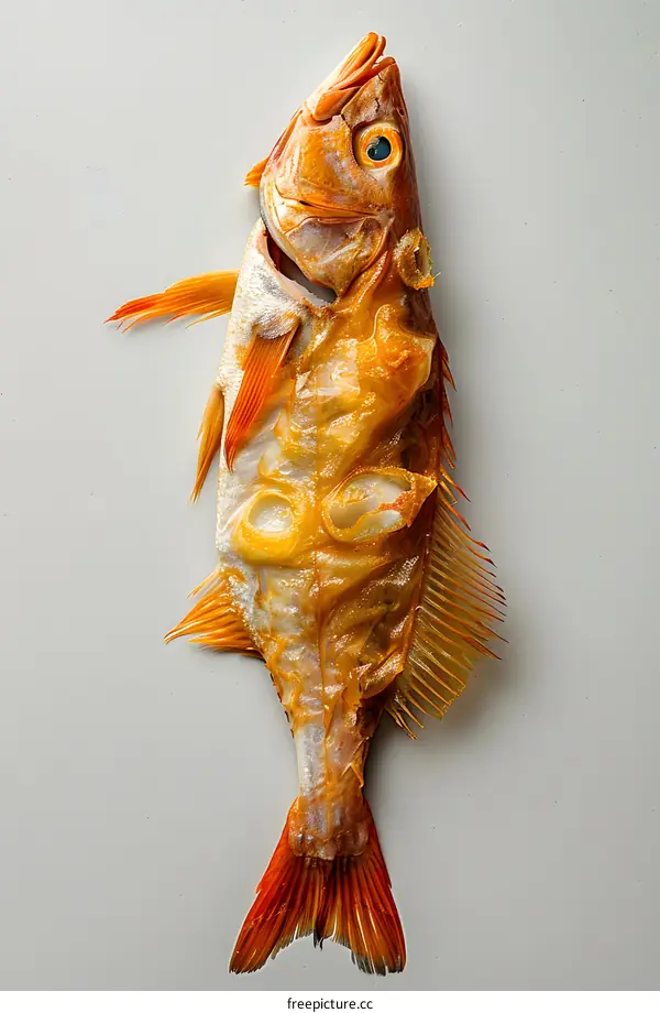 A fish skeleton with orange fins