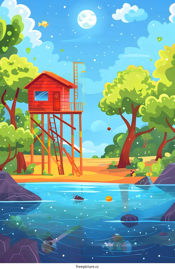 Red Treehouse by the Lake