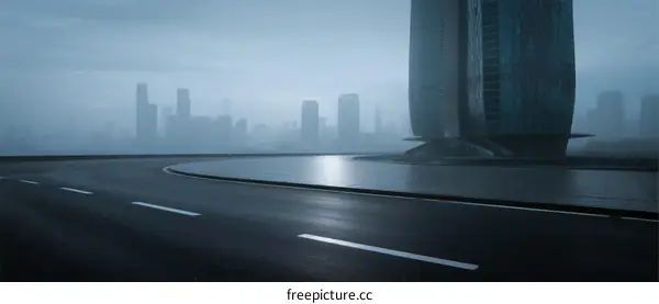 Foggy urban road with modern tall buildings in the background