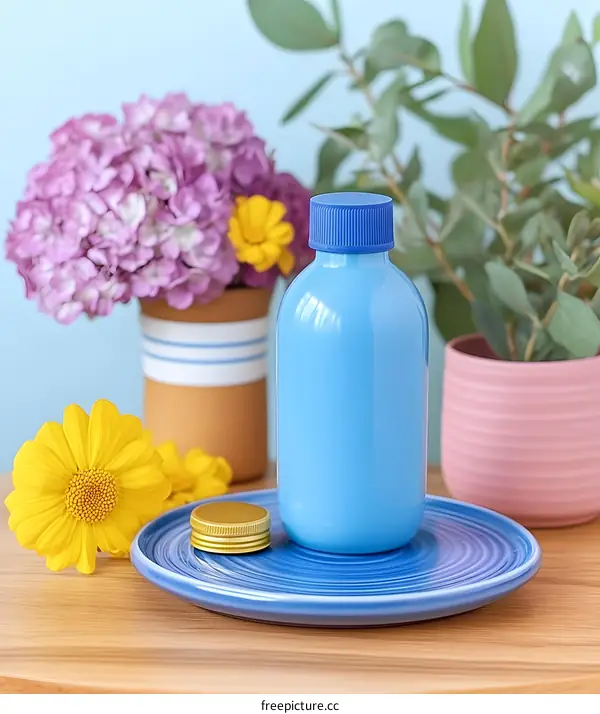 Blue Bottle with Flowers and Plants on Wooden Table