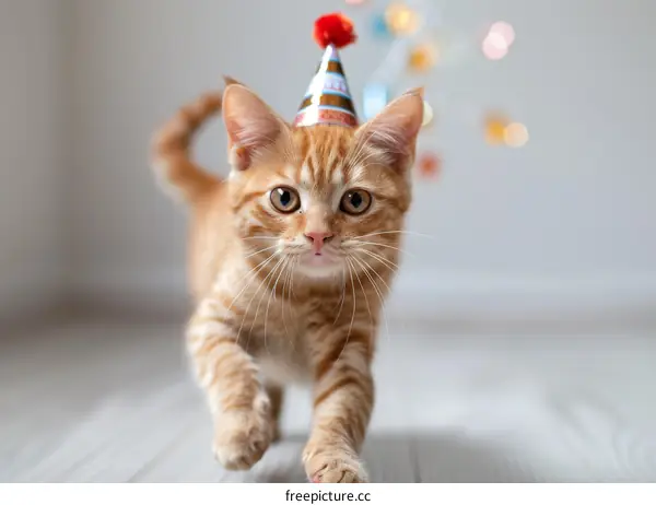 A ginger kitten wearing a party hat is walking towards the camera