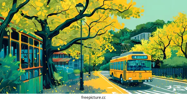 A yellow bus drives down a tree-lined street in the fall