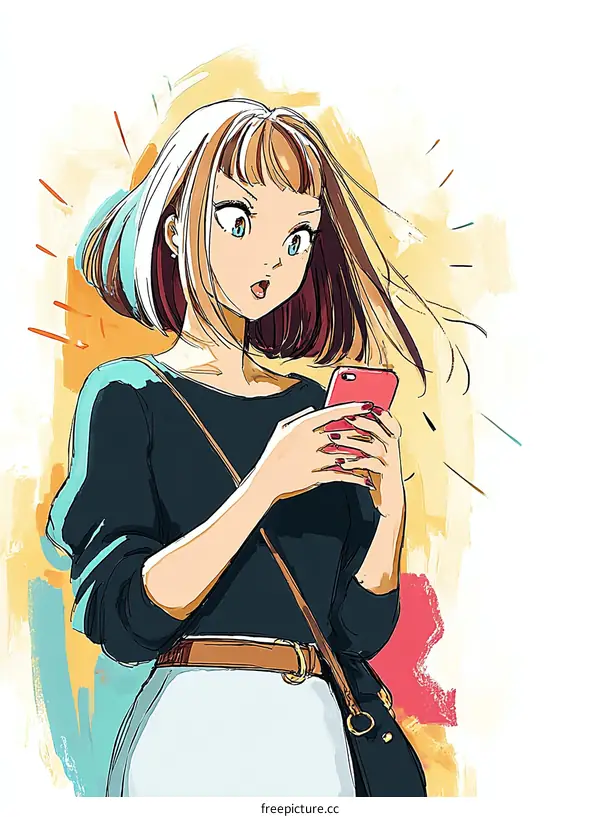 Surprised Asian Woman Using Smartphone Illustration