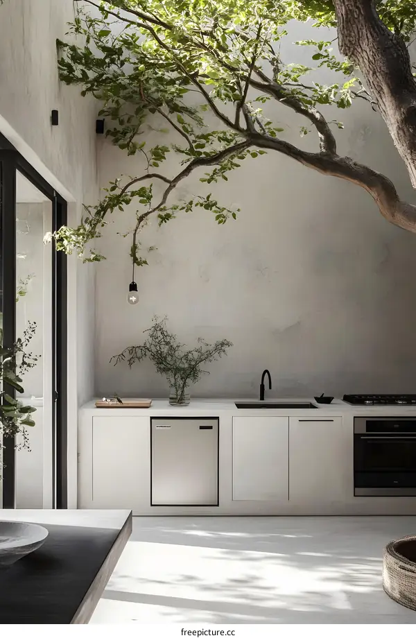 Modern Minimalist Kitchen Design with Tree Branch Growing Through the Wall