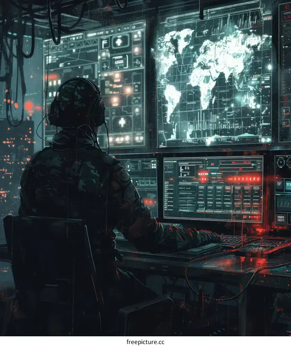 Soldier Analyzing World Map on Computer