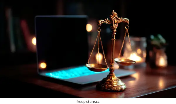 Golden Justice Scale on Wooden Desk with Laptop