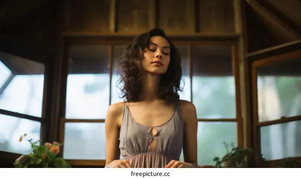 Portrait of a young woman with curly hair and her eyes closed