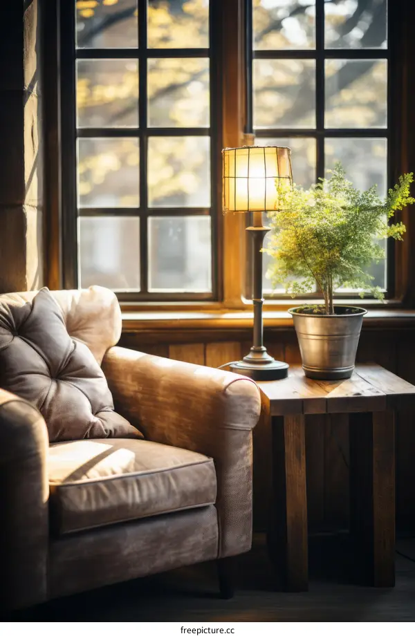 leather chair and a plant by the window