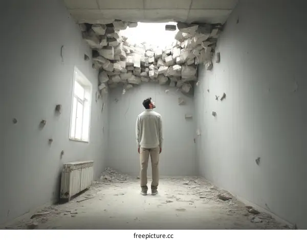 Empty Room with a Broken Ceiling and a Person