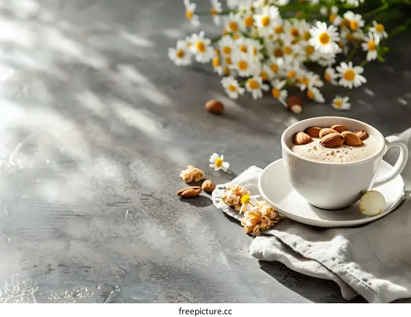 Cup of Coffee with Almonds and Daisies
