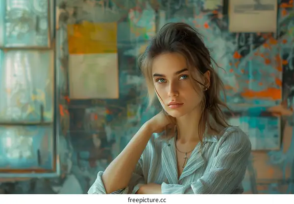 portrait of a young woman with freckles and green eyes