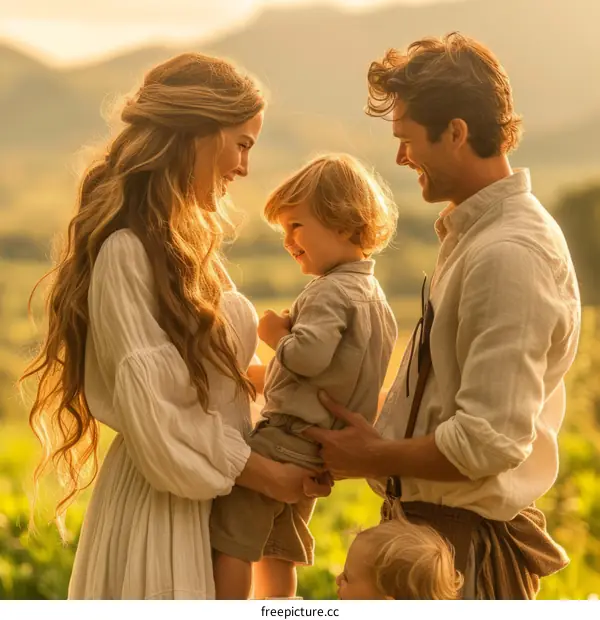 Happy family of four in a field at sunset