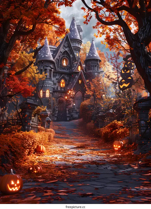 Spooky castle in the middle of a fall forest
