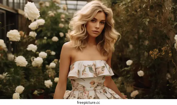 Portrait of a young blonde woman in a strapless floral dress standing in a greenhouse
