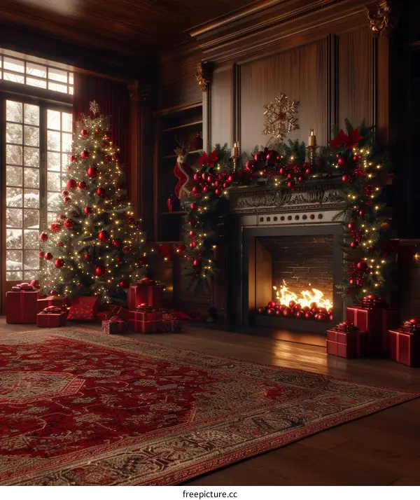Decorated Christmas living room with tree and gifts