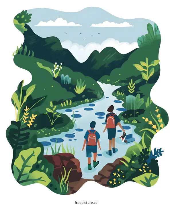 Two People Hiking Through a Lush Forest