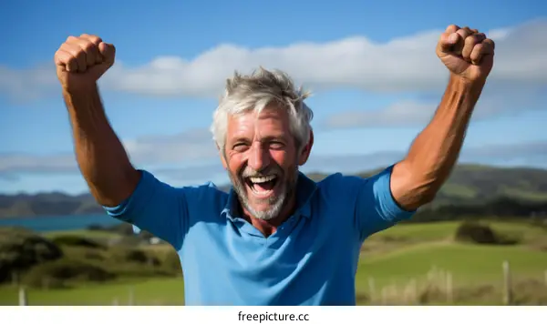 Ecstatic man celebrating success in a rural setting
