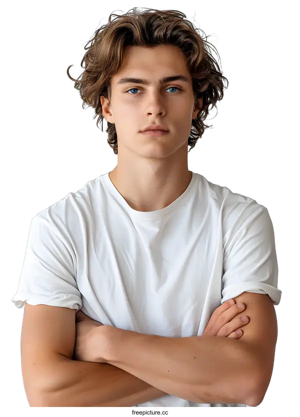[Transparent Background PNG]Portrait of a young man with curly hair and blue eyes