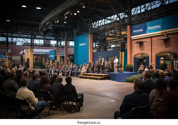African American men and woman having a meeting in a large room