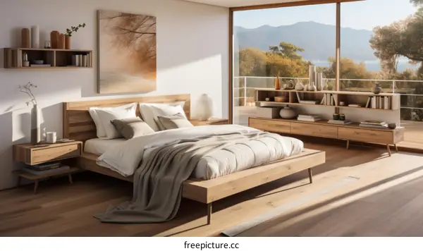 Modern Bedroom with Wooden Furniture and Large Windows