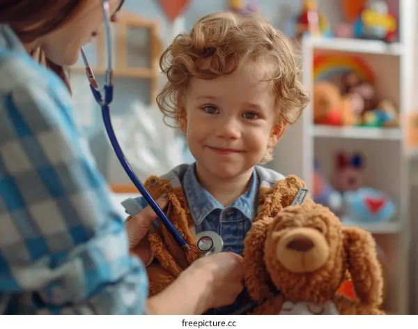 Pediatrician examining a smiling toddler boy with a stethoscope