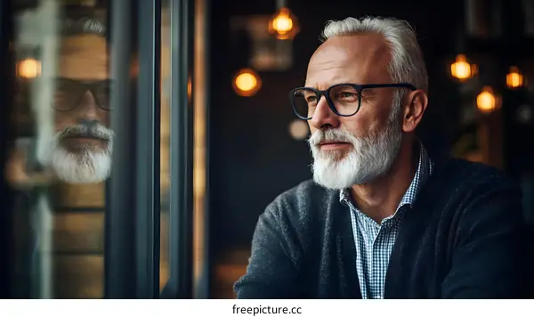 Mature Man with Gray Hair and Beard Looks out Window
