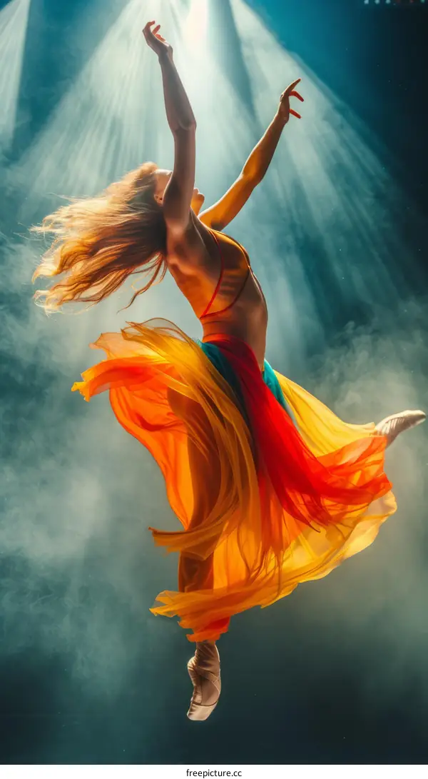 A dancer in a colorful dress is leaping in the air.