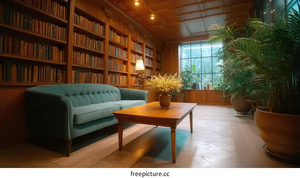 Cozy Wooden Library Room with Bookshelves and Sofa