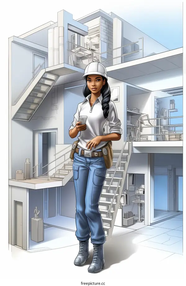 A Construction Worker Using a Smartphone on a Renovated Building.