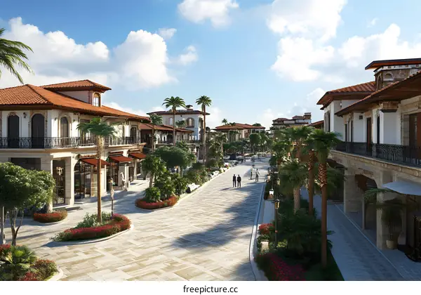 Mediterranean Style Street Scene with Palm Trees and Shops