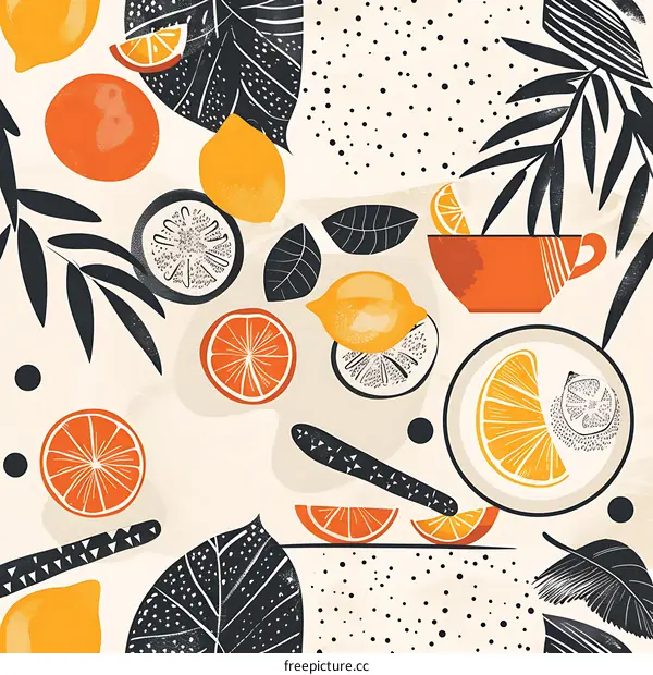 Abstract Fruit Illustration with Leaves and Cup