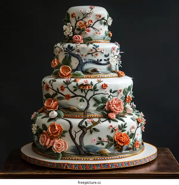 Four-tiered cake decorated with flowers and birds