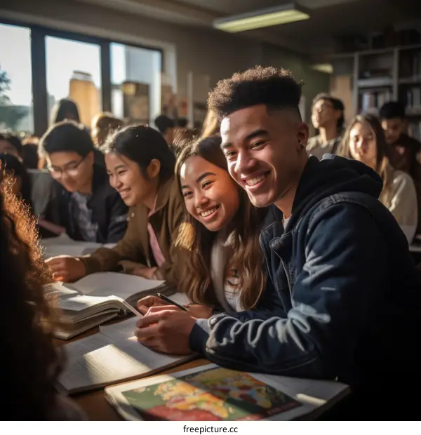 Diverse group of students studying together in a library