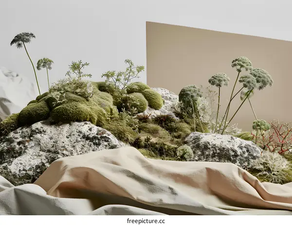 Moss Covered Rocks with Plants on a Fabric Background