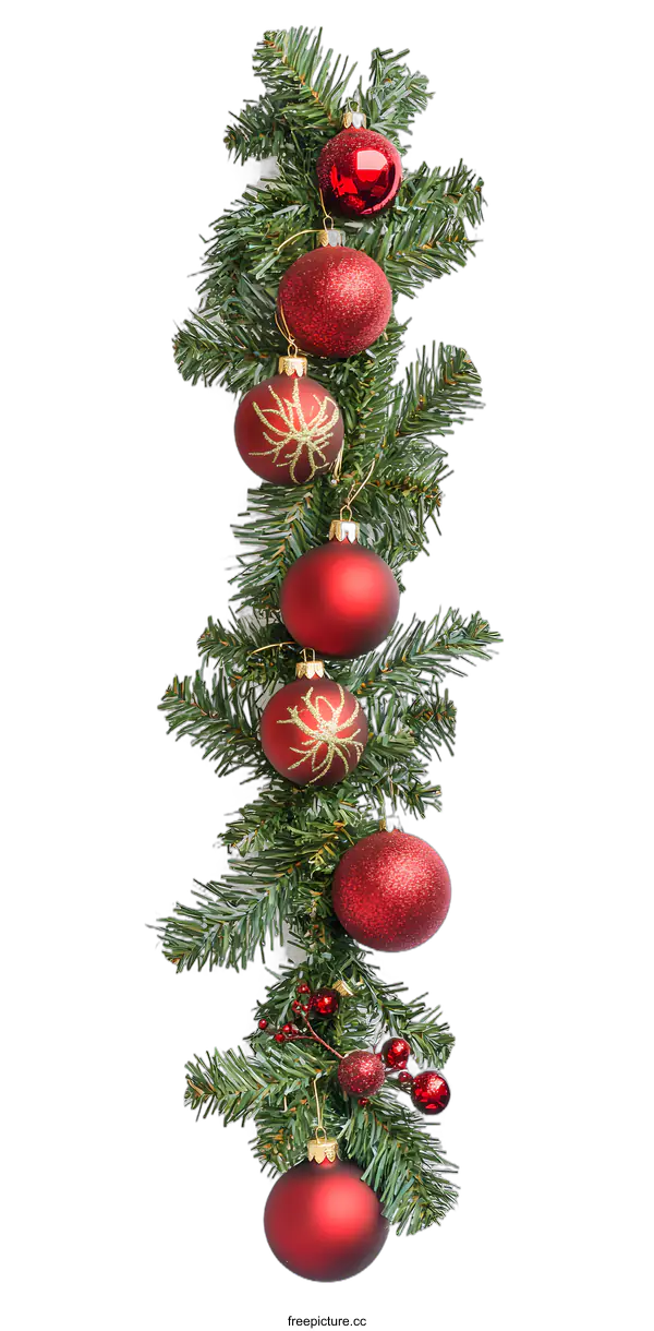 [Transparent Background PNG]Red Christmas Ornaments on Green Garland