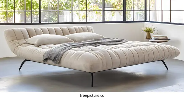 Modern Bed with Black Legs and White Bedding