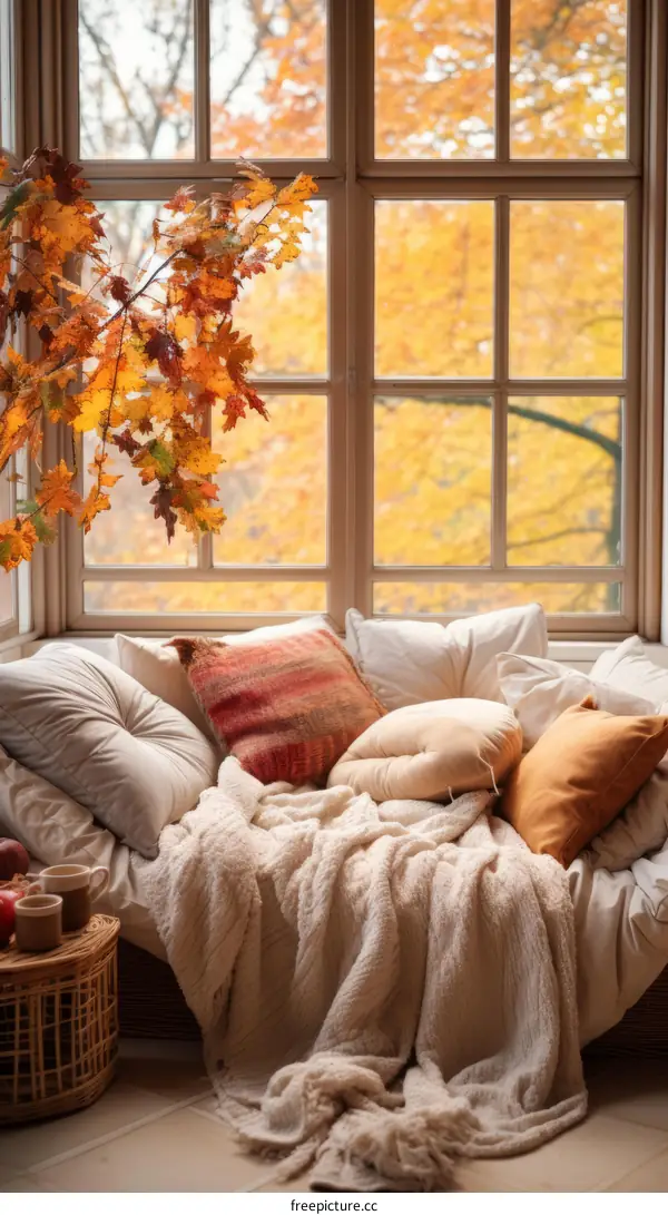 A cozy window seat with a view of the fall foliage