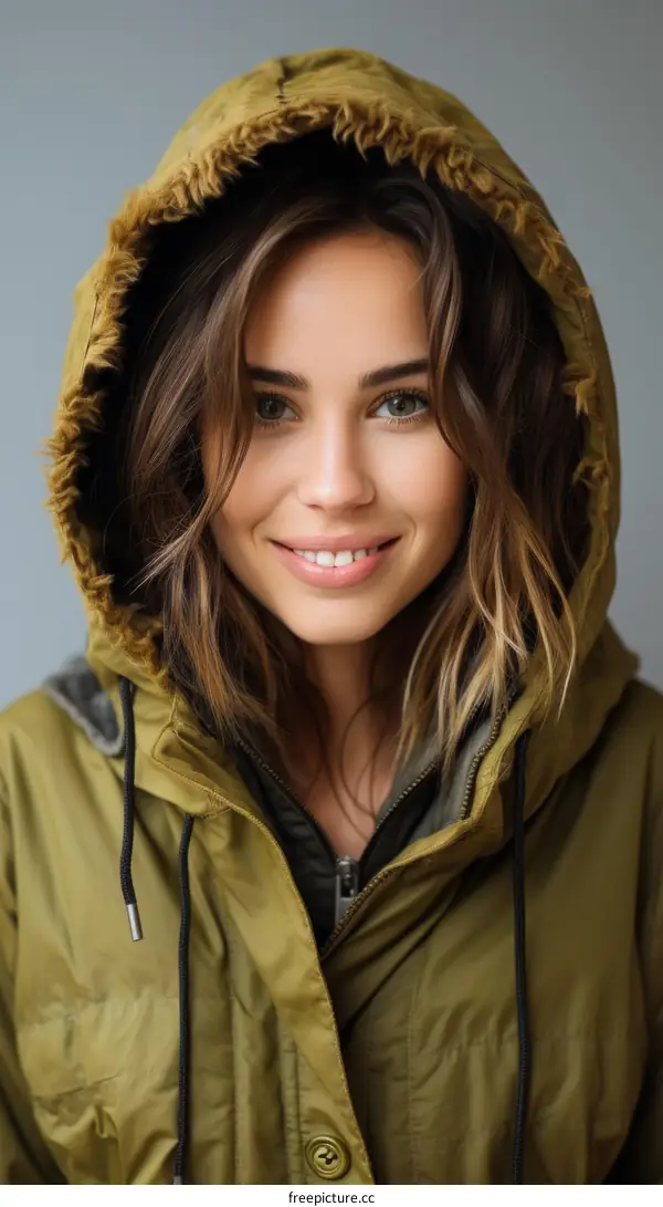 portrait of a young woman in a green winter coat